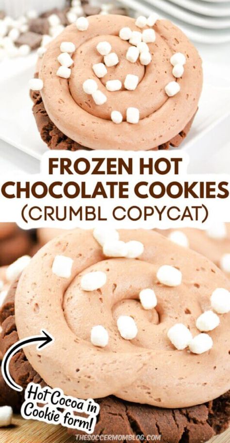 Cookies That Can Be Frozen, Chocolate Cookies Crumbl, Frozen Hot Chocolate Cookies, Cookies Crumbl Copycat, Cocoa Frosting, Cookies Crumbl, Crumbl Copycat, Crumble Cookie Recipe, Chocolate Drop Cookies