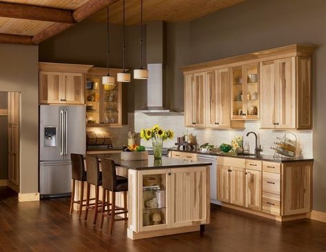 Pin on kitchen Hickory Kitchen Cabinets, Hickory Kitchen, Hickory Cabinets, Light Wood Kitchens, Rustic Kitchen Cabinets, Kitchen Wall Colors, Cabin Kitchens, Kitchen Paint Colors, Wood Kitchen Cabinets