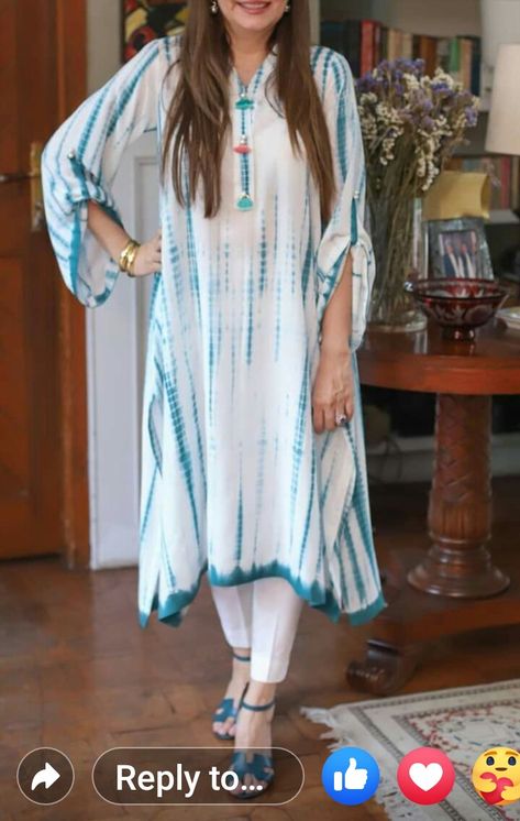 Shibori Kurta Designs, Tie Dye Suit Design, Tie Dye Kurti Designs Latest, Kaptan Kurti Design, Shibori Kurti Designs, Pakistani Casual Wear, Kaftan Designs, Simple Kurta Designs, Designer Kurti Patterns