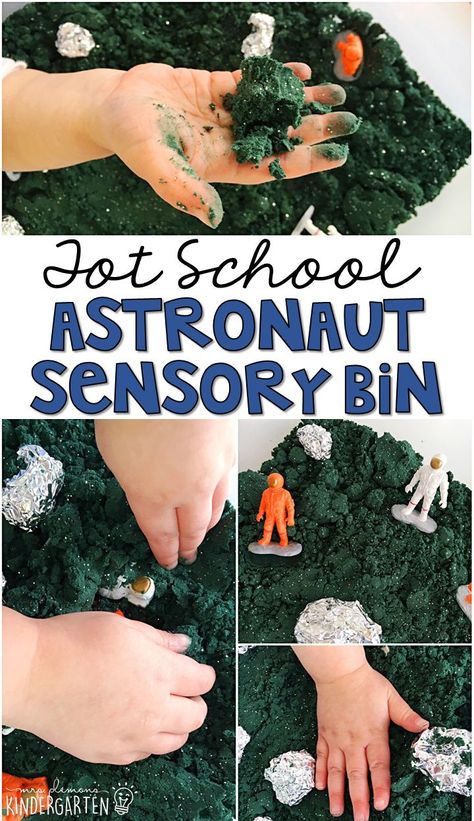 We LOVE this astronaut sensory bin. The colored glitter baking soda dough is so fun to explore! Great fora space theme in tot school, preschool, or even kindergarten! Tot School Curriculum, Space Sensory, Space Lesson Plans, Earth Science Projects, Space Lessons, Space Preschool, Gross Motor Activity, Space Stuff, Space Activities