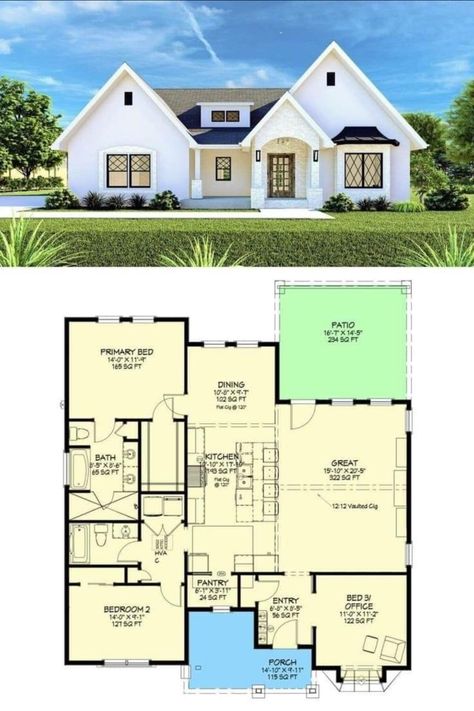 Tudor Cottage House Plans, White Stucco Exterior, Tudor Cottage, Cottage House Plan, Gambrel Roof, Open Concept Layout, Stucco Exterior, Cottage Style Homes, Contemporary Cottage