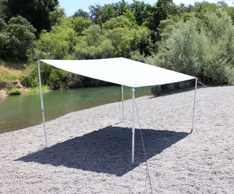 Umbrellas fly away, and folding shelters are expensive and so tall that you have to keep moving your chair to chase the shade all day. I made this bea... Beach Shelter, Canopy Glass, Canopy Architecture, Beach Shade, Kids Canopy, Canopy Bedroom, Backyard Canopy, Pvc Projects, Garden Canopy