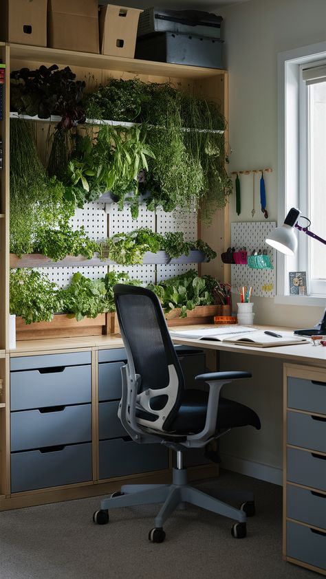 Revamp your workspace with a stunning herb garden integrated into a KALLAX shelving unit! This IKEA-inspired setup not only adds a fresh and lively backdrop but also enhances your productivity. Pair it with an ergonomic MARKUS chair for comfort, and utilize a SKÅDIS pegboard for effortless organization. The colorful ÖSTERNÄS leather handle brings a touch of personality, while the RANARP work lamp brightens your space. Ready to transform your home office? Discover how to create your own energizing and focused environment today! #HomeOfficeInspo #HerbGarden #IKEAStyle #WorkspaceGoals #ProductivityBoost #OfficeDecor #PlantLovers Kallax Shelving, Kallax Shelving Unit, Work Lamp, Office Inspo, Elevate Your Home, Herb Garden, Leather Handle, Shelving Unit, Work Space