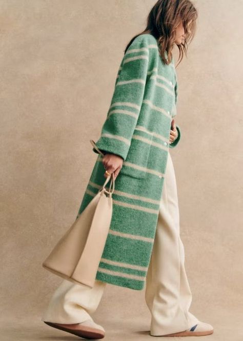 Sezane Jerome Coat in Green Wool Stripes | Winter Outfits Sezane Winter, French Outfit, Cool Girl Style, Winter Capsule Wardrobe, Classic Coats, Green Coat, Green Wool, Girl Style, Wool Cardigan