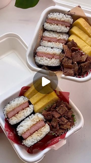 TIFF | Easy Recipes & Bento on Instagram: "Beach day bento 🍱 It was warm this weekend so my friend and I took advantage of the weather and headed to the beach! This is what I made for us to snack on 🌊😋💙  Spam Musubi  Tamagoyaki  Furikake Chex mix   What would you put in your bento?   #bento #spammusubi #tamagoyaki #chexmix #homemadefood #easyrecipe #bentobox" Spam Musubi Bento, Spam Musubi With Egg, Deconstructed Spam Musubi, Musubi Bento, Healthy Spam Musubi, Spam Musubi, Instagram Beach, Bento Boxes, Chex Mix