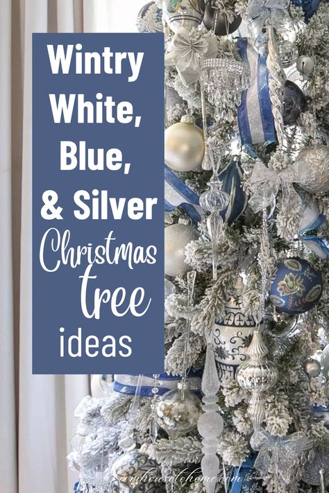 Silver Christmas Tree Decor, Blue And White Christmas Decor, Blue And Silver Christmas Tree, Bling Candle Holders, Blue And Silver Christmas, Christmas Tree Inspo, Christmas Tree Decor Ideas, Tree Decor Ideas, Glam Christmas Decor