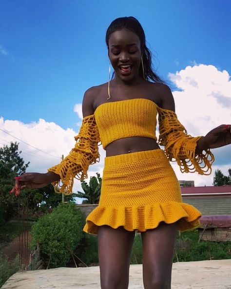 AC creatives Kenya 🇰🇪 on Instagram: “Outfit handmade by @accrochets  #crochet #crochetofinstagram #crochetfashion #crochettop #crochetskirt #crochetset #crochetaddict…” Crochet Two Piece Outfit Skirts, Crochet Three Piece Outfit, Yellow Crochet Skirt Outfit, Crochet Skirt Set, Yellow Dress Crochet, Matching Skirt And Top Set Crochet, Skirt Set Crochet Pattern, Crochet Two Piece, Yarn Clothes