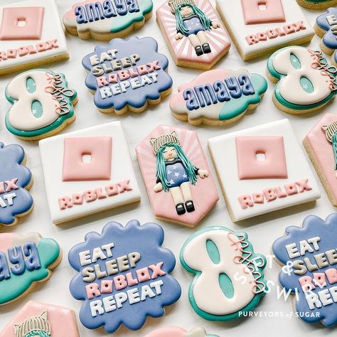 Sift & Swirl - Marilyn on Instagram: “Roblox... but make it girly ☑️ . . #siftandswirlbakery #siftandswirl #purveyorsofsugar #purveyorsofcookies #customsugarcookies…” Roblox Birthday Cake, Roblox Theme, Birthday Twins, Shopkins Birthday Party, 9 Birthday, Roblox Birthday, Shopkins Birthday, Cookie Games, 10th Birthday Parties