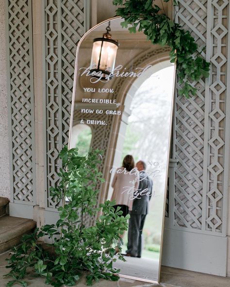 Gold arched mirror with calligraphy by Nob Hill Jane for wedding at Glen Manor House, Portsmouth, Rhode Island | Photo by Constance Schiano | Planning by Soirees and Revelry | Florals by Floral Designs by Justine Wedding Decorations Mirrors, Wedding Mirror Backdrop, Wedding Mirror Full Length, Photo Mirror Wedding, Mirror Wedding Decor Reception Ideas, Mirror Ideas Wedding, Mirror Photo Op Wedding, Arch Mirror Welcome Sign Wedding, Arched Mirror Wedding Sign