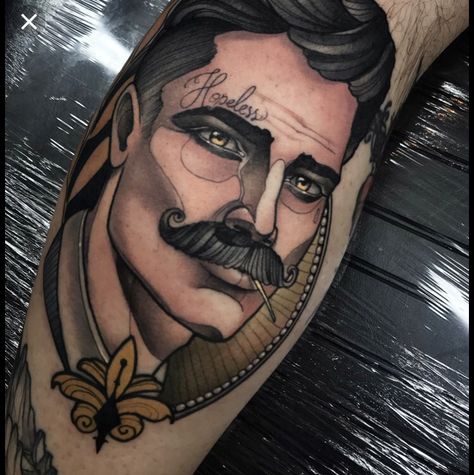 Neo Traditional Male Portrait, Neotraditional Portrait Tattoo, Traditional Man Face Tattoo, Male Portrait Tattoo, Neotrad Portrait, Neo Traditional Portrait, Traditional Portrait Tattoo, Neotraditional Portrait, Traditional Tattoo Black And Grey