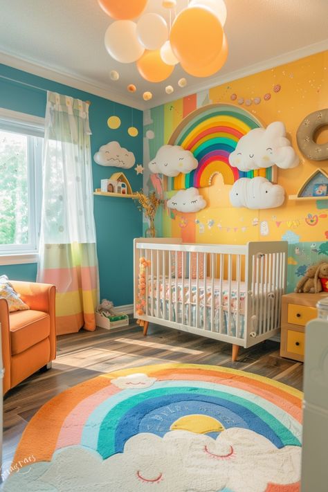 Transform your nursery into a serene and stimulating space with nature-inspired ideas. Click for more inspiration. Gender Neutral Nursery Rainbow, Rainbow Fish Nursery, Over The Rainbow Nursery, Dopamine Decor Nursery, Care Bear Nursery Ideas, Baby Room Colourful, Fun Nursery Ideas Colorful, Colourful Gender Neutral Nursery, Girl Nursery Ideas Colorful