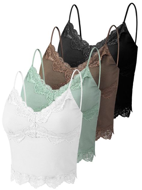 PRICES MAY VARY. Lace Trim Design: women sexy basic solid crop cami top is made of beautiful lace,which makes the lace trim straps camisole top layered pretty and looks more beautiful and fashionable Comfortable Fabric: lace trim straps cami Undershirt is made of quality fabric with romantic lace, which is more soft, breathable, elastic and lightweight; Lace trim straps cami is suitable for most seasons and can be worn all year round Classic Color Choices: you will receive 4 pieces of sexy lace Lace Trim Cami Top, Top Spaghetti Strap, Lace Trim Cami, Long Tank Tops, Romantic Lace, Lace Camisole, Lace Patchwork, Lace Cami, Lace Crop Tops