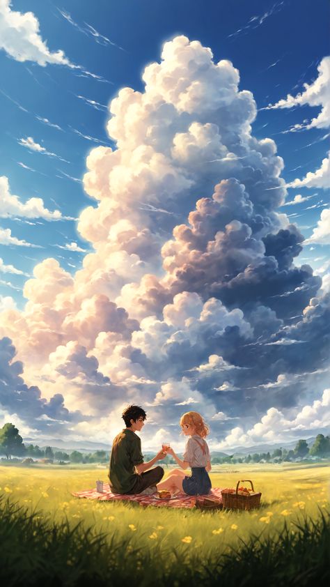 anime wallpaper, wallpaper hd, phone wallpaper, anime aesthetic, couple, men, woman, lovers, picnic, meadow, beautiful clouds, anime couple, sunset Anime Couple Wallpaper Hd Phone, Couple Sunset, Friendship Wallpaper, Beautiful Clouds, Anime Friendship, Aesthetic Couple, Anime Couple, Couples Images, Couple Wallpaper