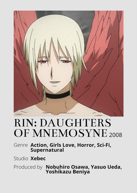 Rin: Daughters of Mnemosyne Anime Minimalist poster 😊 Information taken from myanimelist.net and wikipedia.org Mnemosyne Anime, Anime Minimalist Poster, Poster Information, Minimalist Poster, Supernatural, Sci Fi, Zelda Characters, Anime, Fictional Characters