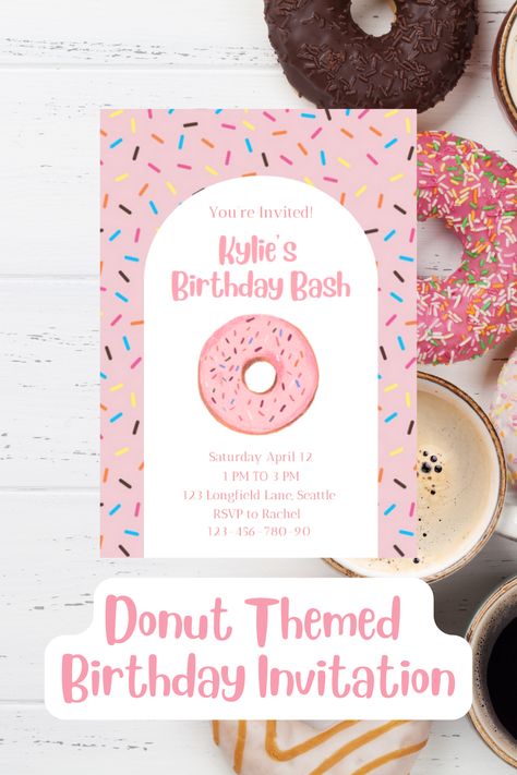 Easy access on this new pink donut and sprinkles themed template! Perfect for any girls' birthday with a sweet tooth. Two Sweet Donut Birthday Party, Dessert Theme, Donut Birthday Party, Birthday Invitation Pink, Donut Dessert, Pink Donut, Donut Birthday Parties, Donut Birthday, Sprinkle Donut