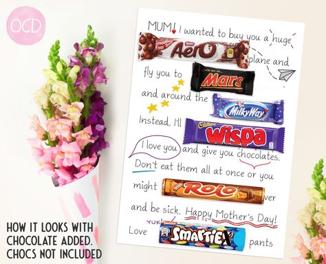 PLEASE NOTE: - CHOCOLATE IS NOT INCLUDED - Chocolate bars you will need to purchase yourself are: full size Aero 27g, fun size Mars, fun size Milky Way, Wispa 25.5g, Rolos 52g and Smarties 38g. - Includes 10 sticky dots for you to stick chocolate down ------ Make your mum smile this Mother's Day with a funny 'play on words' personalised print. You will receive an A4 print, with blank spaces for you to place your chocolates. You will not receive a version with printed images of the chocolates and will need to buy the chocolates yourself. Available from one child, or multiple children (wording changed from 'I' to 'we'). I also offer as a digital download for you to print off at home if you'd prefer: https://etsy.me/35yp2BV Thank you for visiting :) x -- Printed on 220gsm Matte Paper | A4 Not Uncle Birthday Gifts, Uncle Birthday, Thank You Teacher Gifts, Mum Birthday Gift, Multiplication For Kids, Fun Size, Afghan Patterns, Birthday Gift For Him, Dad Birthday Gift