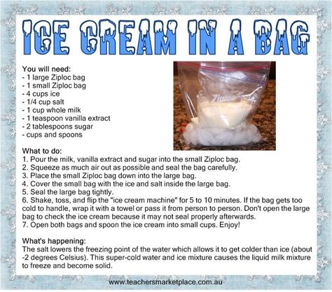 Ice cream in a bag. Kids Experiments, Ice Cream In A Bag, Preschool Cooking, Summer Fun For Kids, Homemade Ice Cream Recipes, Brownie Girl Scouts, Easy Baking Recipes Desserts, Make Ice Cream, Food Science