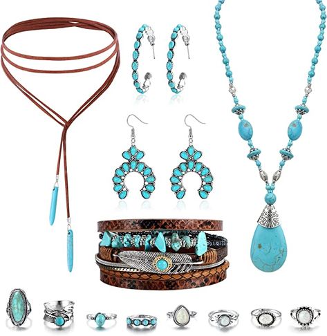 Cute, affordable western jewlery set. Turquoise Statement Earrings, Turquoise Statement Necklace, Turquoise Pendant Necklace, Turquoise Leather, Women's Jewelry Sets, Necklace Turquoise, Jewelry Images, Western Jewelry, Turquoise Rings