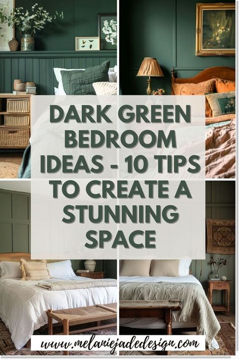 Transform your space with these dark green bedroom ideas. Discover how to create a cozy, sophisticated retreat using rich green tones and stylish decor accents. #BedroomDecor #DarkGreen #HomeInspiration Bedroom With Hunter Green Accents, Cream And Forest Green Bedroom, Dark Green Master Bedrooms Decor Cozy, Deep Green Bedroom Ideas, Green Chair Bedroom, Hunter Green Bedroom Ideas, Green Master Room, Cozy Master Room, Dark Green Walls Bedroom