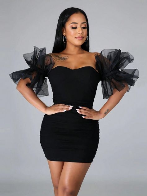 Black Party Collar Half Sleeve Mesh Fabric Plain Bodycon Embellished High Stretch All,Spring/Summer/Fall Women Clothing Clubwear Outfits, Packing Travel, Mini Prom Dresses, Cute Casual Dresses, Tulle Sleeves, Suitcase Packing, Travel Hacks, Stretch Dress, How To Look Classy