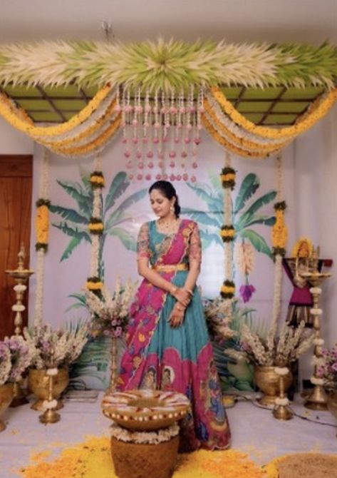 Decorations For Half Saree Function, Half Saree Decoration Ideas, Half Saree Ceremony Decoration, Half Saree Decoration, Saree Decoration Ideas, Half Saree Function Decoration Ideas, Pellikuthuru Decoration, Pellikuthuru Decor, Door Flower Decoration