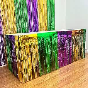 Giftexpress 2-pk Mardi Gras Metallic Fringe Table Skirts, Mardi Gras Party Table Skirt, Mardi Gras Table Decoration Nola Style, Mardi Gras Diy, Fringe Table, Table Skirts, Purple Table, Mardi Gras Decorations, Mardi Gras Beads, Mardi Gras Party, Table Skirt