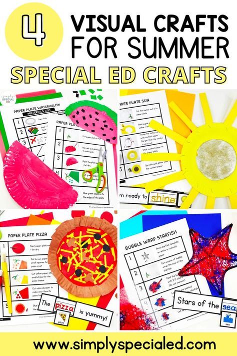 Are you looking for some summer crafts for your special education students? Today, I am sharing 4 visual crafts that are great for meeting student IEP goals and allow students to be creative. These summer crafts are hands-on and come with step-by-step directions. Simple Visual Crafts keep students engaged with hands-on learning while working on following directions, fine motor skills, and independence! Crafts For Summer, Preschool Summer Camp, Teaching Executive Functioning Skills, Summer School Crafts, Teaching Executive Functioning, Summer School Activities, Special Education Lesson Plans, Summer Lesson, Teaching Life Skills