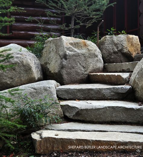 Stair Outdoor, Landscape Boulders, Boulder Garden, Boulders Landscaping, Lawn Leveling, Rock Steps, Cabinet Countertop, Ideas For House, Landscape Stairs