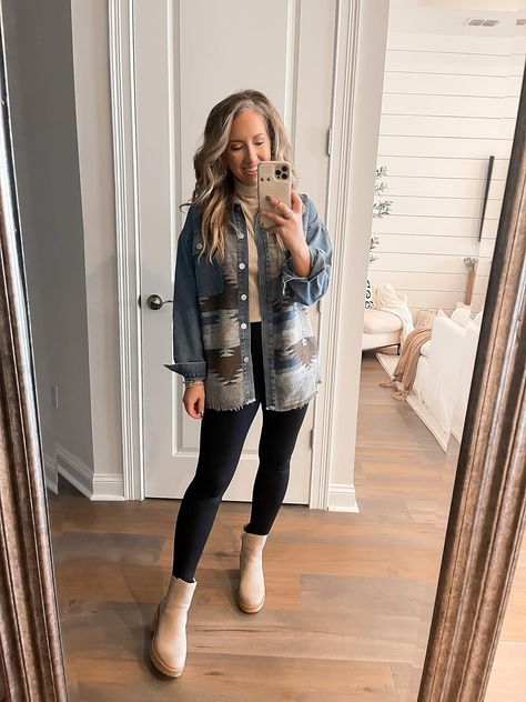 Check out this photo from lawoffashionblog Aztec Denim Jacket Outfit, Aztec Print Jacket Outfit, Western Aztec Jacket Outfit, Aztec Style Clothing, Pendleton Jacket Outfit, Western Denim Jacket Outfit, Aztec Shacket Outfit, Aztec Jacket Outfit, Shaket Jacket Outfit