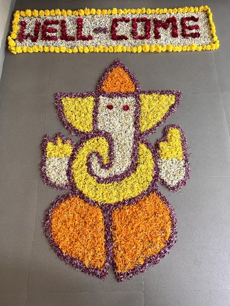 Flower rangoli ideas Kankotri Lakhan Decoration, Flower Rangoli Ideas, Gujrati Wedding, Ganesh Rangoli, Indian Decoration, Rangoli Ideas, Flower Rangoli, Indian Decor, Diy Flowers