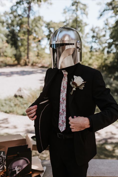 Mandalorian Wedding Theme, Mandalorian Wedding, Waldenwoods Wedding, Star Wars Wedding Dress, Star Wars Wedding Ideas, Groomsmen Pictures, Midland Michigan, Star Wars Wedding Theme, Nerd Wedding