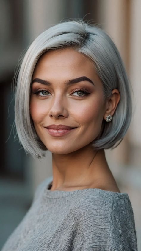 Dazzling in Grey: 15 Bob Hairstyles That Define Style 40 Grey Hair Lob, Silver Bob Haircut, Blonde Looks, Bangs Layers, Grey Bob Hairstyles, Fabulous 50s, Haircuts 2024, 50 Hairstyles, Grey Bob