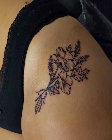 Bouquet of Flowers Small Thigh Tattoos, Thigh Tattoos For Women, Back Tattoo Women Spine, Upper Thigh Tattoos, Side Thigh Tattoos, Bum Tattoo, Hip Thigh Tattoos, Bouquet Tattoo, Hip Tattoos Women