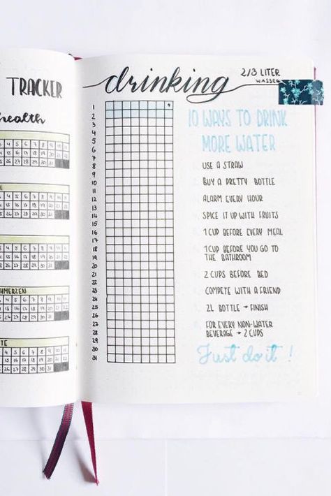 Drinking nine cups of water every day has a whole host of health benefits, so this is one diagram you won't want to skip. Every finished glass corresponds with a colored box — and maybe better moods, metabolism and skin. Bullet Journal Water Tracker, Bullet Journal Tracking, Journal Hacks, Journal Organization, Bullet Journal Hacks, Bullet Journal Tracker, Dot Journals, Bullet Journal Spread, Bullet Journal Layout