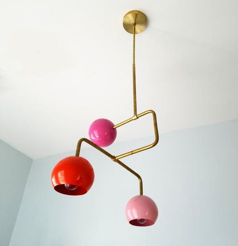 multicolored pink and gold mid century modern chandelier with colorful pink and orange globes 3 Chandelier, Rooms Inspiration, Mid Century Modern Chandelier, Mid Century Ceiling, Starburst Light, Sazerac, Kid Rooms, Arm Chandelier, Sputnik Chandelier