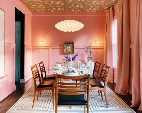 Historic Dining Room Ideas, Blue Dining Room Paint, Neutral Dining Room Paint, Pink Dining Rooms, Neutral Dining Room, Dining Room Paint Colors, Pink Paint Colors, Green Dining Room, Dining Room Paint