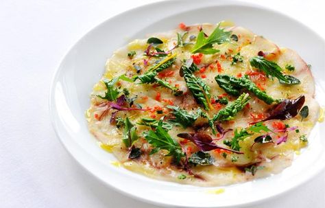 Sea bass carpaccio with chilli, oregano and olive oil Sea Bass Fillet Recipes, Sea Bass Fillet, Cooking Sea Bass, Sous Vide Vegetables, Carpaccio Recipe, Tuna Ceviche, Great British Chefs, Chilli Recipes, Starters Recipes