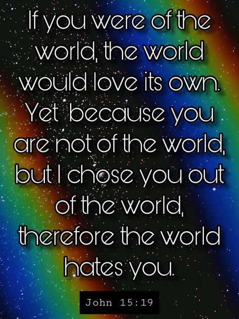 #wisdom #chosen If you were of the world, the world would love its own. Yet  because you are not of the world, but I chose you out of the world, therefore the world hates you. John 15:19 - https://www.biblegateway.com/passage?search=John%2015:19&version=NKJV In This World But Not Of It, Not Of The World, I Chose You, Targeted Individuals, My Redeemer Lives, Revelation 12, Spirit Of Truth, Christian Pins, I Choose You