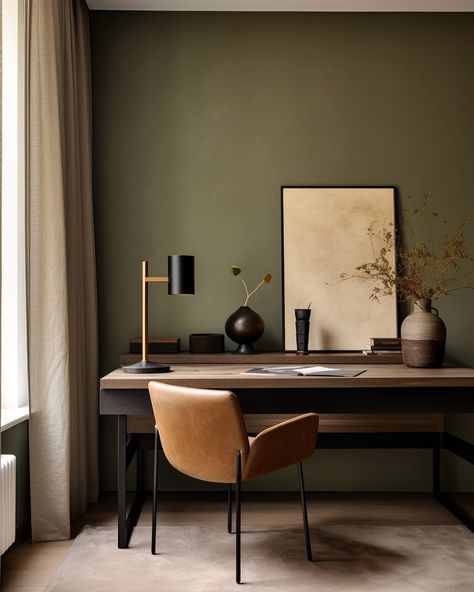 This modern apartment in olive tones is simply enchanting. The calming green hues add a fresh, sophisticated touch, perfectly balancing style and serenity. Truly inspiring interiors. 🌿 #livingroomideas #livingroominspiration #livingroomstyle #livingroomgoals #livingroomstyling #livingroomdetails #minimalistinterior #minimalisthome #minimalisthomedecor #greeninterior #Scandinavianhome #scandinavianliving #moderninteriordesign #midjourney #interiordesign #interiordesignlovers #interiordesignad... Olive Green Office Walls, Olive Green Office, Olive Office, Green Office Walls, Olive Green Interior, Green Office, Interior Desig, Inspiring Interiors, Office Guest Room