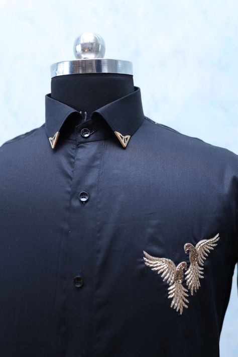 Buy Black Hand Embroidered Party Shirt Online in India - Etsy Embroidery Shirt Men, Slim Fit Suit Men, Mens Dress Shirts, Embroidery Shirt, Wedding Dress Men, Mens Casual Dress Outfits, Shirt Detail, Embroidery Designs Fashion, Shirt Embroidery