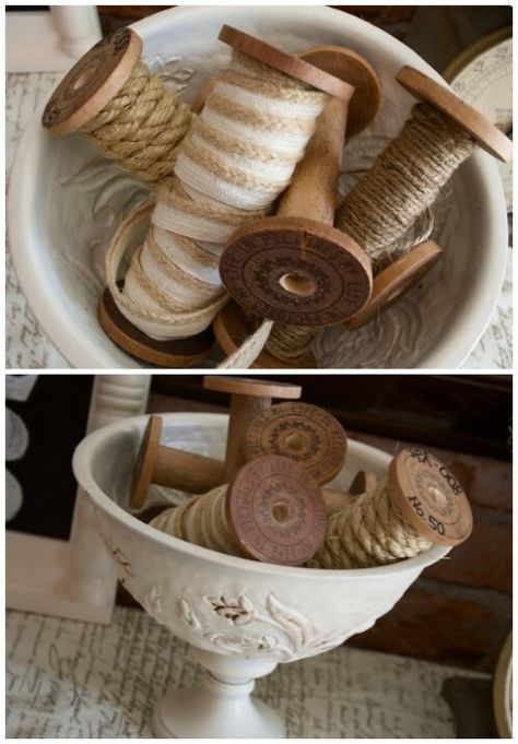 Wooden Spools Vintage Diy Projects, Tinting Glass, Old Fashioned Decor, Wooden Spool Projects, Lace Jars, Wooden Spool Crafts, Old Wooden Crates, French Cottage Decor, Diy Crafts Vintage