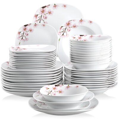 Mix a taste of modern style into your tablescape with this 48-piece dinnerware set. Offering service for 12, this set includes dinner plates, salad plates, soup plates, and bowl. Crafted from porcelain china, each lightweight design showcases a subtle a glossy finish for a minimalist look. An ideal option for everyday use, these pieces are safe to put in the dishwasher and microwave, so you can easily heat up leftovers and clean up after meals. | Malacasa Annie 48-Piece Ivory Pink Floral Dinner Dinnerware Sets For 12, Ceramic Dinnerware Set, Patterned Plates, Porcelain Tableware, Ceramic Dinnerware, Porcelain Dinnerware, Fine Ceramic, Soup Plating, Ceramic Tableware