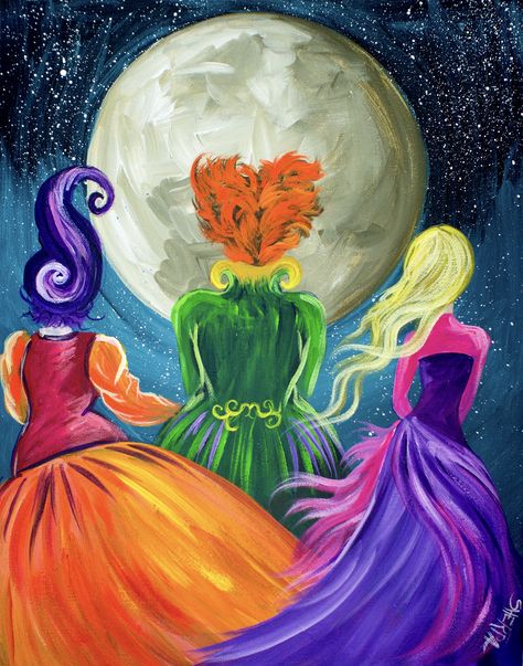 Beginners learn to paint full acrylic art lesson of the Sanderson Sisters from Hocus Pocus. this is a Great Wicked witches painting with a ton of sass. LIVE acrylic painting tutorial for new painters  This is a super simple fun halloween Project Halloween Canvas Paintings, Halloween Cake, Halloween Painting, Canvas Painting Diy, Night Painting, Beginner Painting, Painting Art Projects, Diy Canvas Art, Learn To Paint