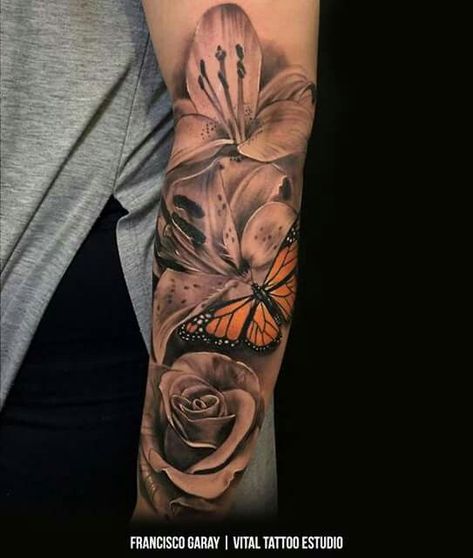 Flowers And Butterfly Tattoo Sleeve, Butterfly Sleeve Tattoo, Butterfly And Flowers, Tattoo Trend, Inspiration Tattoos, Color Butterfly, Girly Tattoos, Grey Tattoo, Sleeve Tattoos For Women