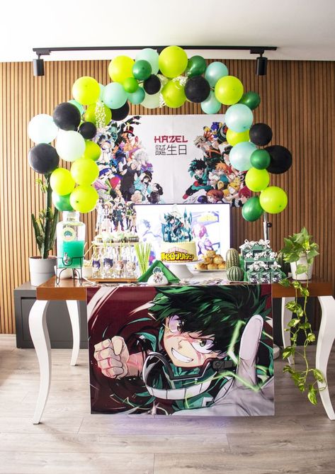 Deku Birthday Party, Mha Birthday Party Ideas, Manga Party Ideas, Deku's Birthday, My Hero Academia Party Decorations, Mha Birthdays, My Hero Academia Birthday Party Ideas, Anime Party Ideas Decor, Deku Cake