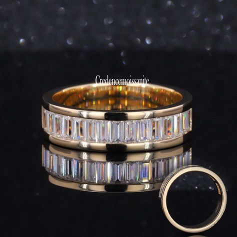 2*4mm Baguette Cut Moissanite Band Man's & Woman Band 2.0CTW Baguette Moissanite Ring Half Eternity Diamond Band 14k Gold Anniversary Ring Mens White Gold Rings, Eternity Engagement Ring, Rainbow Sparkle, Baguette Engagement Ring, Ring Inspo, Half Eternity Wedding Band, Baguette Diamond Rings, Emerald Cut Moissanite, Channel Setting