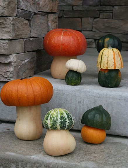 Pumpkin Gourd Toadstools (would be fun around the garden, too) Pumpkins And Gourds, Fall Deco, Halloween Pumpkins Carvings, Pumpkin Art, Autumn Crafts, Fall Favorites, Samhain, Pumpkin Decorating, Fall Fun