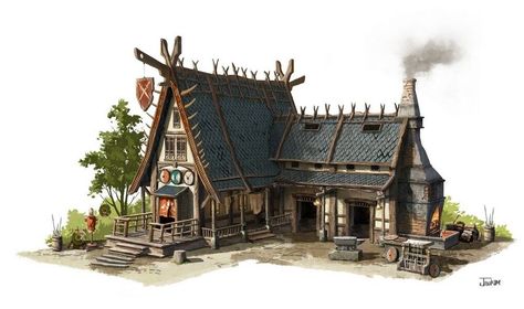 Viking Forge, Nordic Architecture, Viking House, Village Map, Viking Village, Jin Kim, Medieval Houses, Building Concept, Fantasy House