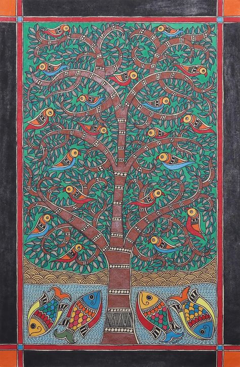 Nature-Themed Madhubani Painting from India - Tree of Life | NOVICA Madhubani Paintings Peacock, Painting Madhubani, Tree Of Life Painting, Indian Arts And Crafts, Kalamkari Painting, Tree Of Life Art, Motorcycle Decor, Indian Motorcycles, Pichwai Paintings