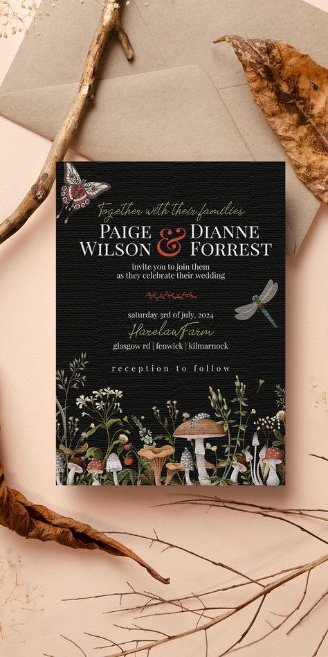 Dark Forest Wedding Invitations, Dark Fantasy Wedding Invitations, Mushroom Wedding Invitation, Witchy Wedding Invitations, Whimsical Save The Date, Fairy Wedding Invitations, Dark Cottagecore Wedding, Cottagecore Invitation, Woodsy Wedding Invitations